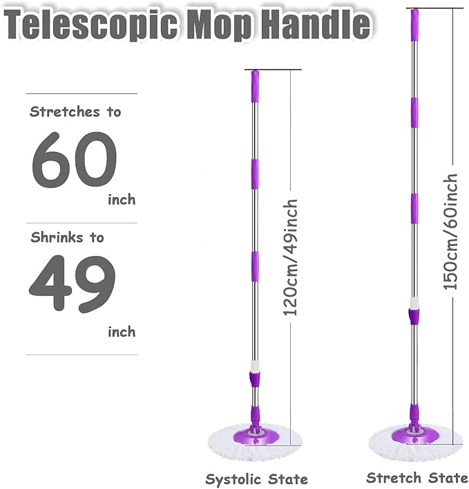 Extended Spin Mop Replacement Mop Handle, Upgraded 60-inch 360 Degrees Rotating Telescopic Replacement Mop Stick for Spin Mop Bucket Cleaning System Floor Cleaning (Plastic Disc, Khaki)