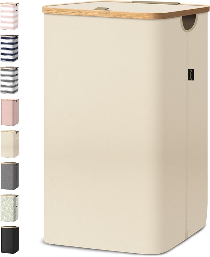 BALEINE Laundry Hamper with Lid, Tall Laundry Baskets with Bamboo Pull Handles, Large Laundry Bin with Internal Support (26 Gal/100L, Beige)