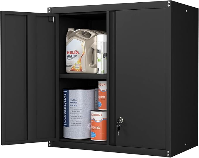 Steel Wall Cabinet, Metal Locking Wall Cabinet, Wall Hanging Metal Cabinet for Garage Tool Storage, Wall Mount Tool Cabinet for Garage, Laundry Room, Pantry, Black