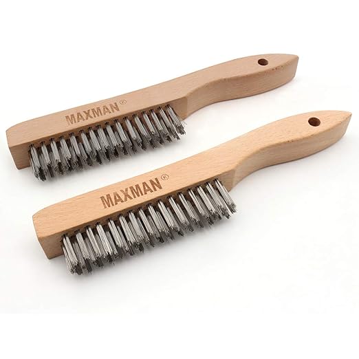 MAXMAN Wire Brush, Heavy Duty Stainless Steel Wire Brushes for Cleaning Rust, Grill Brush, Steel Brush for Paint Removal, Welding, Stiff Bristle Metal Brush with 10" Long Beech Handle, Large, 2Pcs