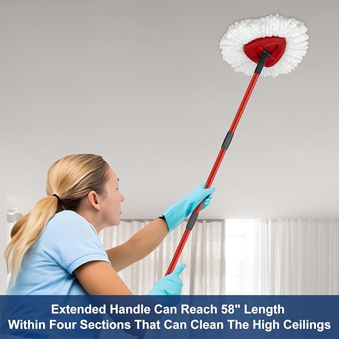 Mop Replace Heads Mop Handle and Mop Base Replacement for O Cedar EasyWring 1-Tank Spin Mop System, 2 Microfiber Mop Head Refills, 4-Section Iron Mop Handle 30-58in and 1 Mop Head Cover Set(No Bucket)