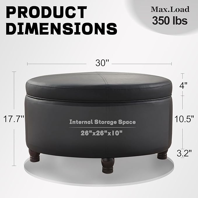 30-Inch Round Storage Ottoman, Modern Ottoman Coffee Table with Removable Top for Living Room, Bedroom, Office (Black)