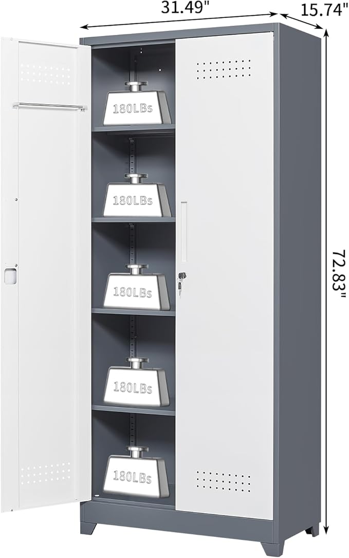 Broom Storage Cabinet, Metal Cabinet with Shelves and Hanging Rod, 72.8" Utility Cabinets with Locking Door, Tall Cleaning Storage for Kitchen, Pantry, Office, Shop, Garage