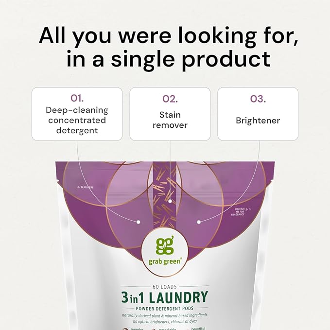 Grab Green 3-in-1 Laundry Detergent Pods, 60 Count, Vetiver Scent, Plant and Mineral Based, Superior Cleaning Power, Stain Remover, Brightens Clothes