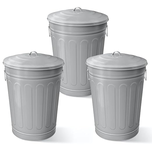 Plexon Round Trash Can 13 Gallon, Vintage Metal Outdoor Trash Can with Lid, Retro Farmhouse Garbage Container, Old School Modern Ash Bucket, Gray 3 Pack