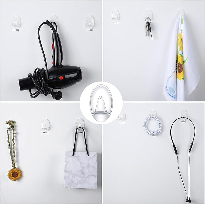 Blulu 12 Pcs Clear Adhesive Hooks for Hanging Wall Hooks Heavy Duty 22 lb Max No Damage Waterproof Transparent Hook with 15 Pcs Self-Adhesive Tapes for Home Bathroom Kitchen Office Wall