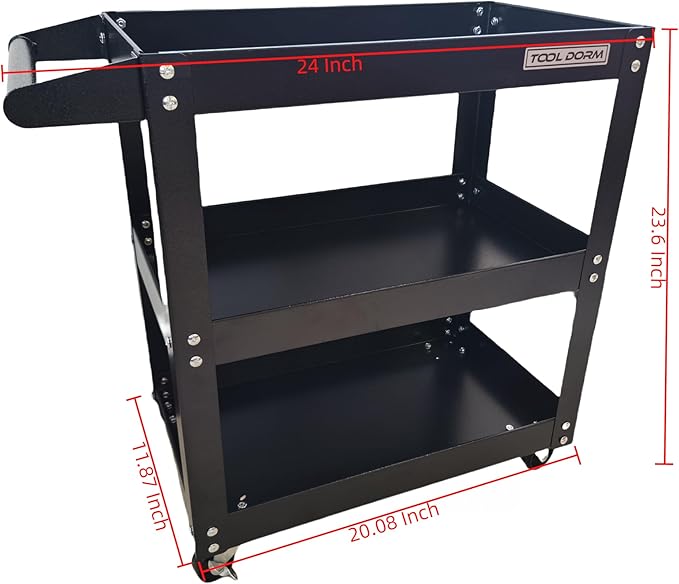 Utility Service Cart, 3 Shelf 150LBS Heavy Duty Steel Rolling Utility Cart, Medium Lipped Shelf, 360° Swivel Wheels, Ergonomic Storage Handle for Warehouse Garage, Black