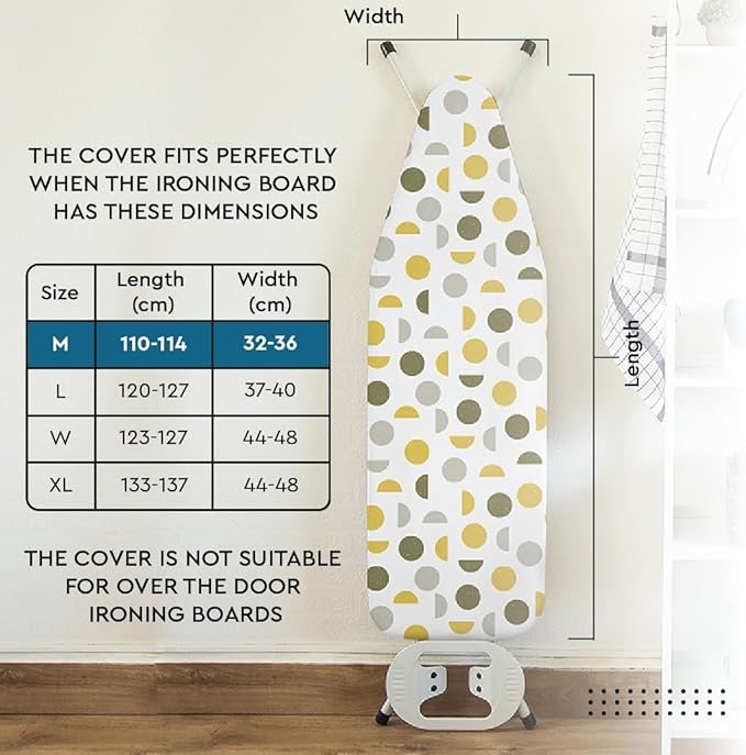 Encasa XO Ironing Board Cover and Pad 42"x14" - Thick 3mm Felt Padding, Drawstring Tightening & Lock, Easy Fit, Scorch & Stain Resistant, Fits Medium Ironing Board - Green Leaflet