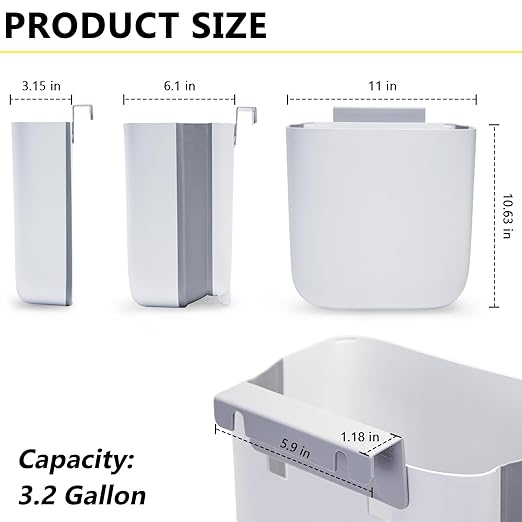 Soddeph 3.2 Gallon Foldable Hanging Trash Can for Cabinet Door,Kitchen Compost Bin,Wall-Mounted Plastic Garbage Can for Countertop or Under Sink, Bathroom and RV,No Lid (White)