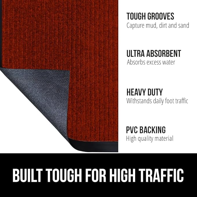 GORILLA GRIP Traffic Guard Door Mat, Heavy Duty Welcome Mats, Commercial Office Space Doormat, Waterproof, Fade Resistant, Strong Rubber Backing, Low Profile, Shoe and Boot Scraper, 35x23, Red