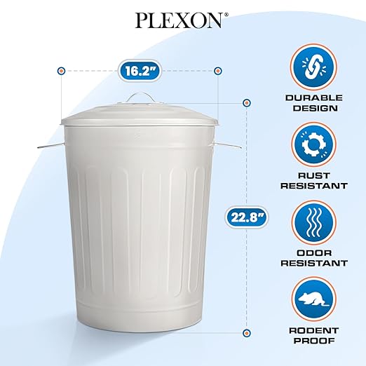 Plexon Round Trash Can 13 Gallon, Vintage Metal Outdoor Trash Can with Lid, Retro Farmhouse Garbage Container, Old School Modern Ash Bucket, Beige 3 Pack