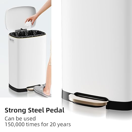 13 Gallon Trash Can with Lid, 50L Fingerprint Proof Stainless Steel Kitchen Trash Can with Removable Inner Bucket and Lid Soft Close, Pedal Rubbish Bin for Home Office, White