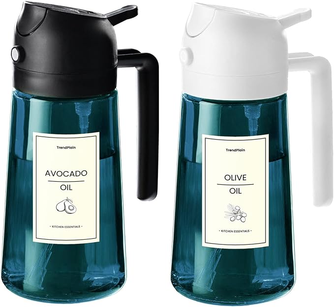 TrendPlain 16oz/470ml Blue Glass Olive Oil Sprayer for Cooking - 2 in 1 Olive Oil Dispenser for Kitchen Gadgets, Air Fryer, Salad, and BBQ - Black & White