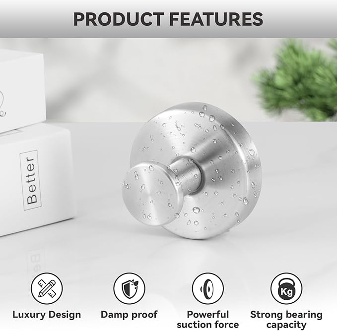 4 PCS Suction Cup Hooks for Shower, Stainless Steel No Drill Suction Towel Hooks, Reusable Sticky Silicone Suction Cup Base for Bathroom Wall, Glass, Mirror, Tile to Hang Loofahs, Robes (Silvery)