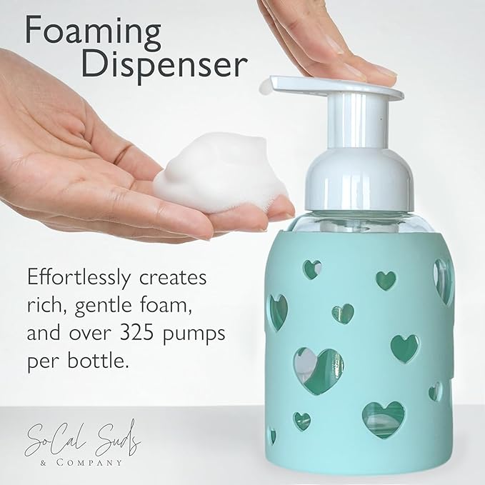 SoCal Suds & Company Glass Foaming Hand Soap Dispenser, Heart Silicone Sleeve, Refillable Pump Bottle for Kids, Baby Wash & Shampoo, Ideal for Home Use, Sea Glass 8oz
