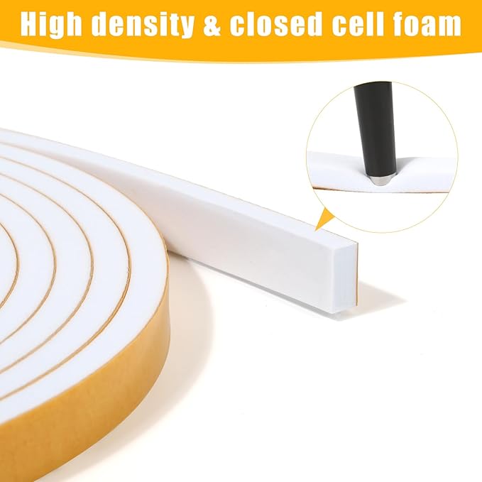26Feet Weather Stripping Seal (1 Inch X 1/8 Inch) for Door Window, High Density Foam Tape, Soundproofing, Insulation Strip, Door Sealers for Door Frame- White
