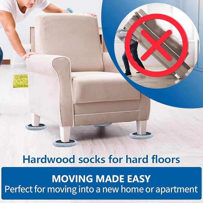Furniture Sliders Multi-Surface 2-in-1 Reusable Moving Pads for All Floor Types - 4 Pack 5" Carpet Sliders and 4 Hardwood Socks - Protect Floor and Easier to Move Your Furniture