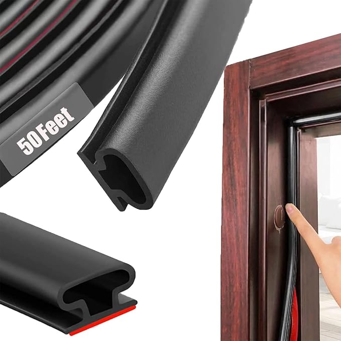 Black Rubber Weather Stripping Door Seal Strip, D Shape Door Rubber Weather Seal Strip, SelfAdhesive Door Weatherstripping Soundproofing Door Sealing Strip for Windows (50 feet, Black)