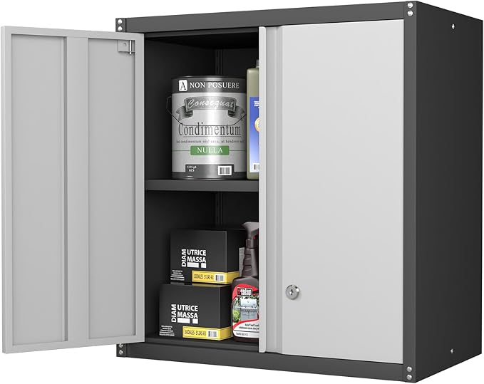Metal Wall Cabinet, Garage Cabinets Wall Mounted, Locking Storage with Adjustable Shelves, Wall Mounted Garage Cabinet with Doors, Floating Cabinet for Home Office, Utility Room
