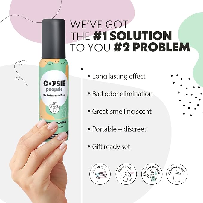OOPSIE POOPSIE - Mediterranean Sage - Before & After You Go Toilet Spray 2oz - Portable Odor Eliminator - 4 Pack