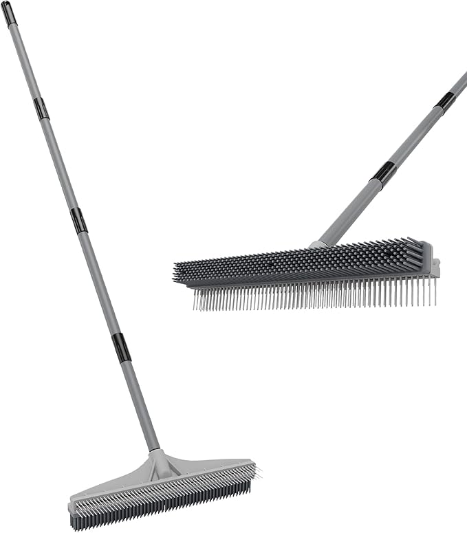 Walensee Carpet Rake for Pet Hair Removal, 61" Carpet Hair Cleaning Tool with Adjustable Long Handle, 2-in-1 Rubber Broom and Nylon Carpet Brush for Fur Rug, Stairs and Mats - Washable, Durable