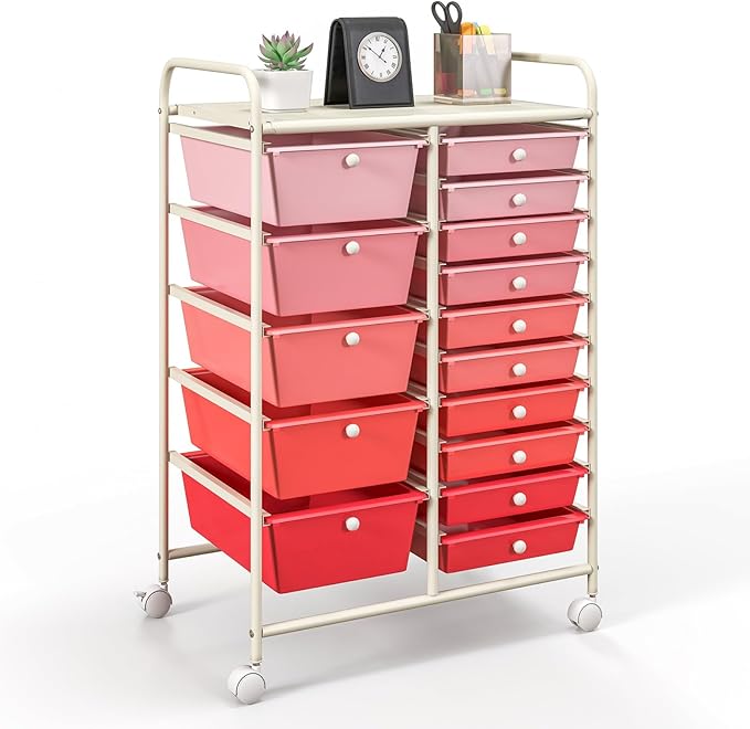 GOFLAME 15-Drawer Rolling Storage Cart, Multipurpose Movable Organizer Cart, Utility Cart for Home, Office, School, Pink