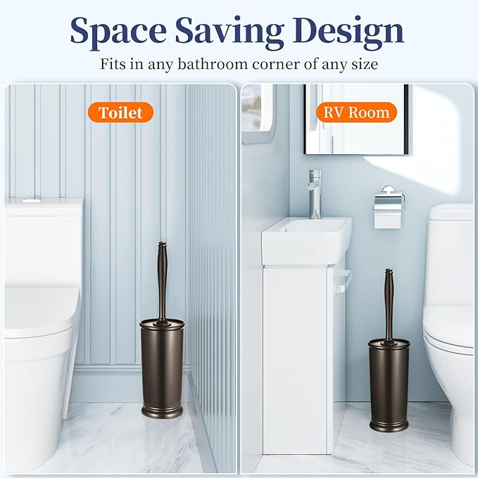 HAMITOR Toilet Bowl Brush Holder Set: 2 Pack Modern Deep Cleaning Bathroom Toilet Scrubber with Caddy for rv - Rim Decorative Accessories Cleaner Brushes for Toilet - Bronze1