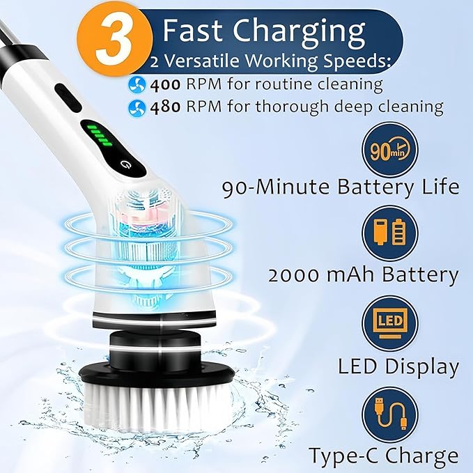 Cordless Electric Spin Scrubber, Hands-Free Shower Cleaning Tool with 9 Attachments & Extension Handle, IPX7 Waterproof for Tub, Tile Grout, Bathroom, Car, Floor - No More Back Pain (Green)