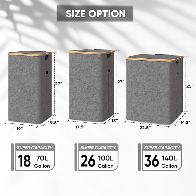 BALEINE Laundry Hamper with Lid, Tall Laundry Baskets with Bamboo Pull Handles, Large Laundry Bin with Internal Support (36 Gal/140L, Green)