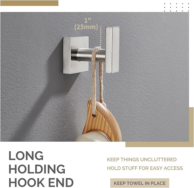 Angle Simple Bathroom Towel Hook, SUS304 Stainless Steel Single Shower Towel Hanger for Wall, Kitchen Cabinet Closet Coat Robe Holder Wall Mounted, Brushed Nickel