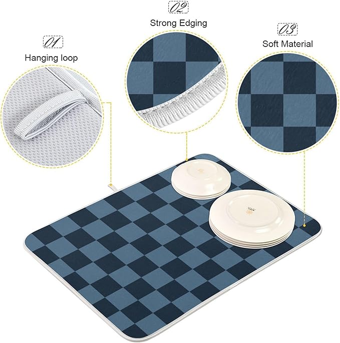 Buffalo Plaid Navy Blue Dish Drying Mat for Kitchen Countertop 16x18 Chessboard Rectangle Small Drying Mat Reusable Quick Dry Dish Sink Absorbent Mats Dishwasher Easy Clean Decorative Home Essentials