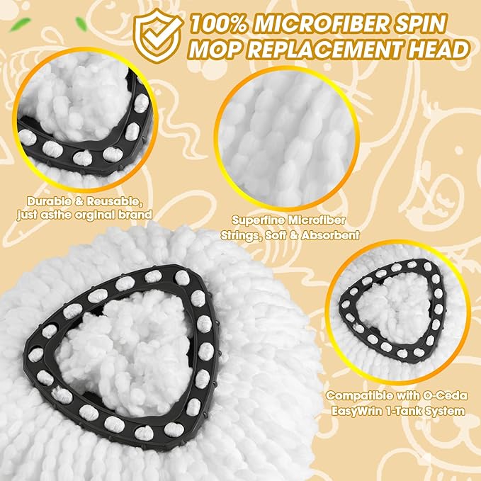 10 Pack Spin Mop Replacement Heads, 360° Microfiber Spin Mop Refills for O-Cdea EasyWrin 1-Tank System, Machine Washable Mop Replace Head for Easy Cleaning