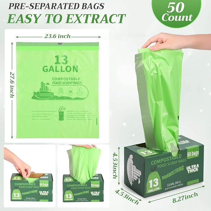 Amyhill 50 Count Compostable Kitchen Trash Bags 13 Gallon Compostable Drawstring Kitchen Waste Garbage Bags 49.2 Liter, 1.575 Mil for Bathroom Home Bedroom Office Garbage