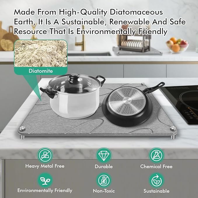 Stone Drying Mat For Kitchen Counter Superb Absorbent Diatomaceous Earth Mats with Non-Slip Feet Quick Dry Stone Dish Drying Pad Dish Pad Multi-Purpose(Flow Line-MediumGray, 15.7" x 11.8")