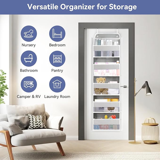 QINGUANG Over The Door Organizer,Hanging Organization And Storage, Behind Door Organizer with Side Pockets, 44 lbs Capacity,Anti Tilt, for Nursery, Bathroom, Bedroom,Dorm (5-Shelf)