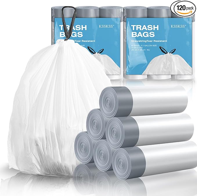 120 Counts 1.6 Gallon Mini Drawstring Trash Bags, Small Garbage Bags by KSSKSS, Code a fit 4.5-8 Liter, 1.2-2 Gal, White Trash Bin Liners for Home Office Kitchen Bathroom Bedroom