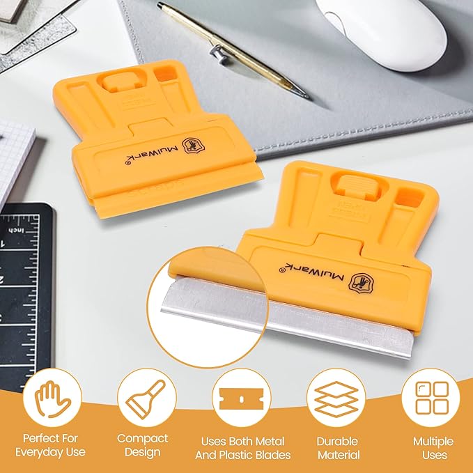 MulWark Razor Blade Tool Set, 8-Pack Mini Plastic Scrapers with 5 Plastic & 5 Metal Blades - Paint Remover, Window Cleaner, Glass Tool, Oven Cleaner, Blade Remover