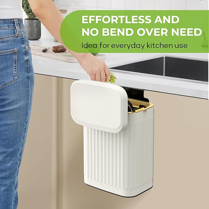 Kitchen Compost Bin Hanging Trash Can with Lid, 2.1 Gallon Stainless Steel Trash Can Compost Bin, Wall-Mount Indoor Kitchen Trash Bin for Cabinet, Under Sink, Bathroom (2.1 Gallon, 8L Ivory White)