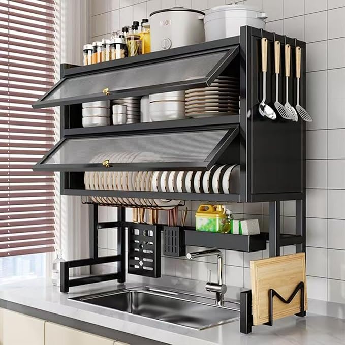 Dish Drying Rack 4 Tiers with Cover, Keep Kitchen Sink Shlef Organized Space-Saving, Large Drying Rack for Dishes, Glasses, Bowls, Cutlery black W-37.4in