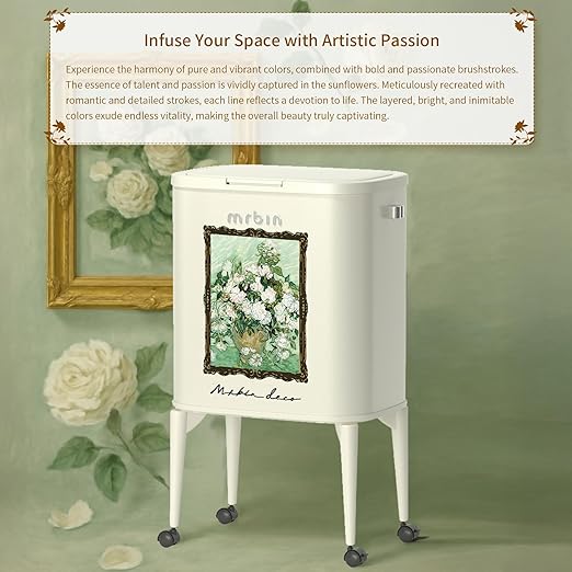 MRBIN Metal Kitchen Trash Can with Wheel Legs, 36L / 9.5gal Medium Press Lid Slim Removable Waste Basket, Pet Proof Tall Narrow Garbage Pail for Vanity, Bedroom, Bathroom, Living Room, White Rose