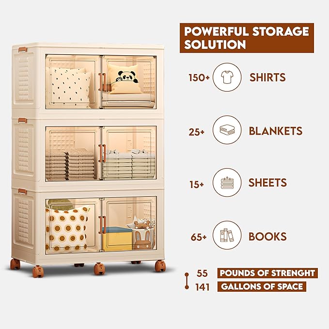 568QT/141Gal 3 Layer Stackable Storage Bins with Lid & Doors - Sensor Lights, Collapsible Storage Bin with 6 Wheels, Plastic Foldable Organizer for Home, Office Use