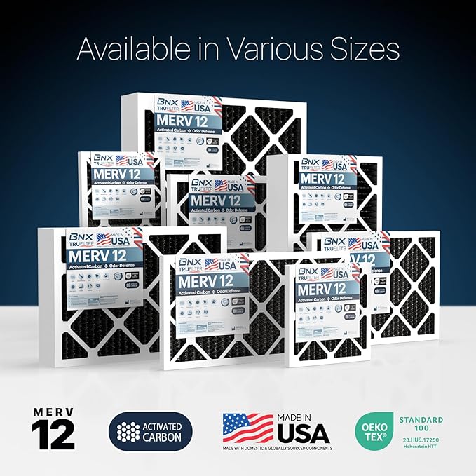 BNX TruFilter 20x22x1 MERV 12 Odor Defense (4-Pack) AC Furnace Air Filter with Activated Carbon - MADE IN USA - Pleated Air Conditioner HVAC AC Furnace Filters - Removes Odor, Mold, Bacteria, Smoke