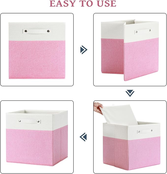 13 x 13 Inch Fine Linen Storage Bins with Handles，Fabric Cube Boxs，Collapsible Basket Organizers for Shelves for Home, Closet Drawers (White/Pink-6 Pack)