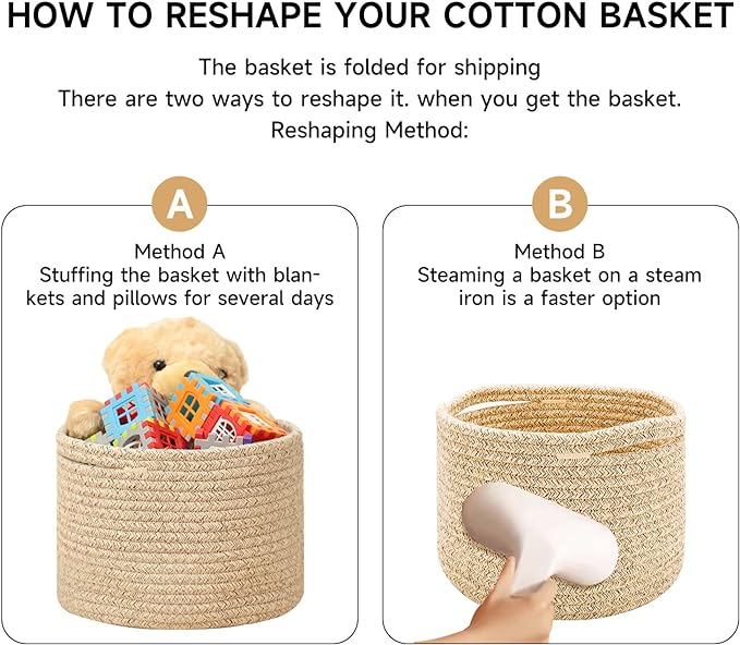 Small Basket for Organizing | Cube Shelf Closet Storage Baskets | 9.7×9.7×7.1” | Woven Rope Gift Basket | Nursery | Round 3 Packs Yellow