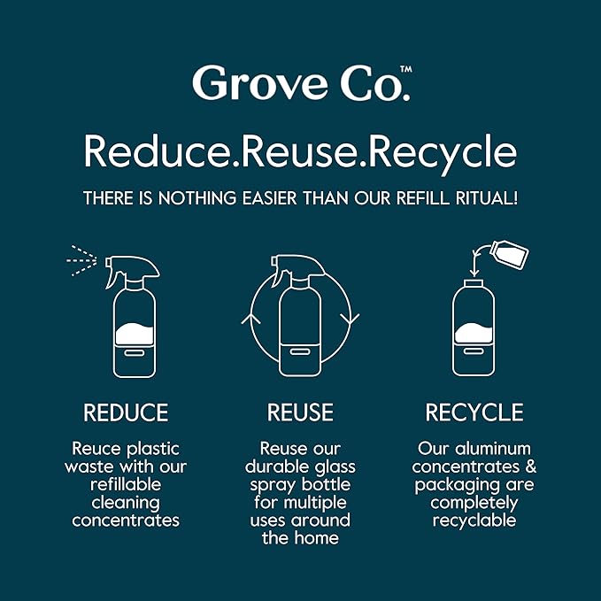 Grove Co. Floor Cleaner Refill Concentrate (2 x 1 Oz) + 1 x Durable Glass Spray Bottle (16 Oz) Plant-Based Cleaning Supplies Bundle, No Plastic Waste, 100% Natural Orange & Rosemary Scent