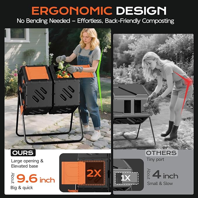 Compost Bin Outdoor 45 Gallon/170L, Fast Assemble Compost Tumbler, 360°Rotating Dual Chamber Large Composter for Outside, Garden, Backyard, and Yard