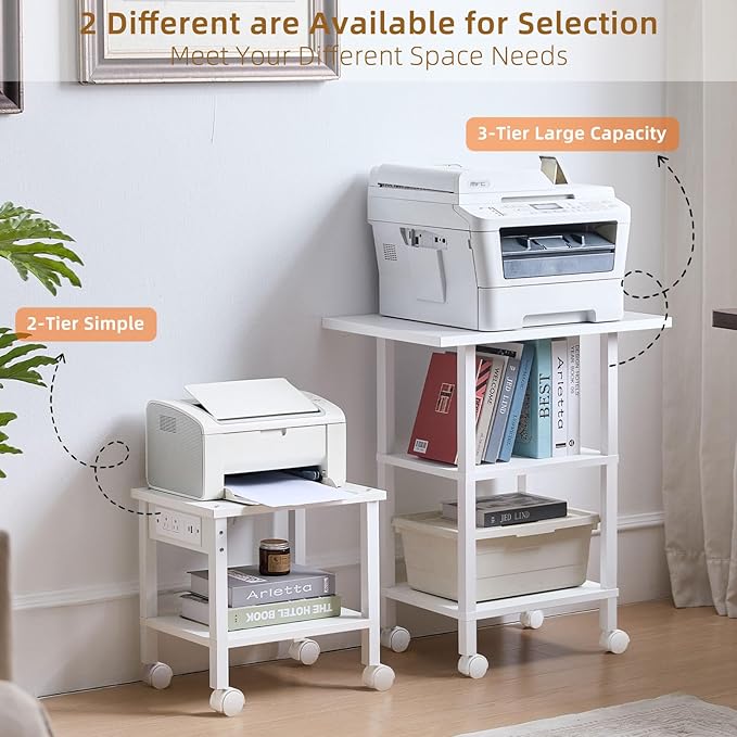 Lerliuo White 3 Tier Printer Stand with Storage, Printer Table for Home Office, Wooden Rolling Printer Cart Shelf with Lockable Wheels fit Fax Machine, Scanner