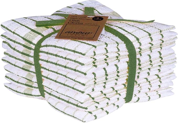 AMOUR INFINI Kitchen Dish Cloths Set of 8 - Ultra Soft, Highly Absorbent, Quick-Drying Terry Cotton Dishcloths 12"x12" Inch Wash & Cleaning Cloths for Kitchen & Dishwashing (Green)