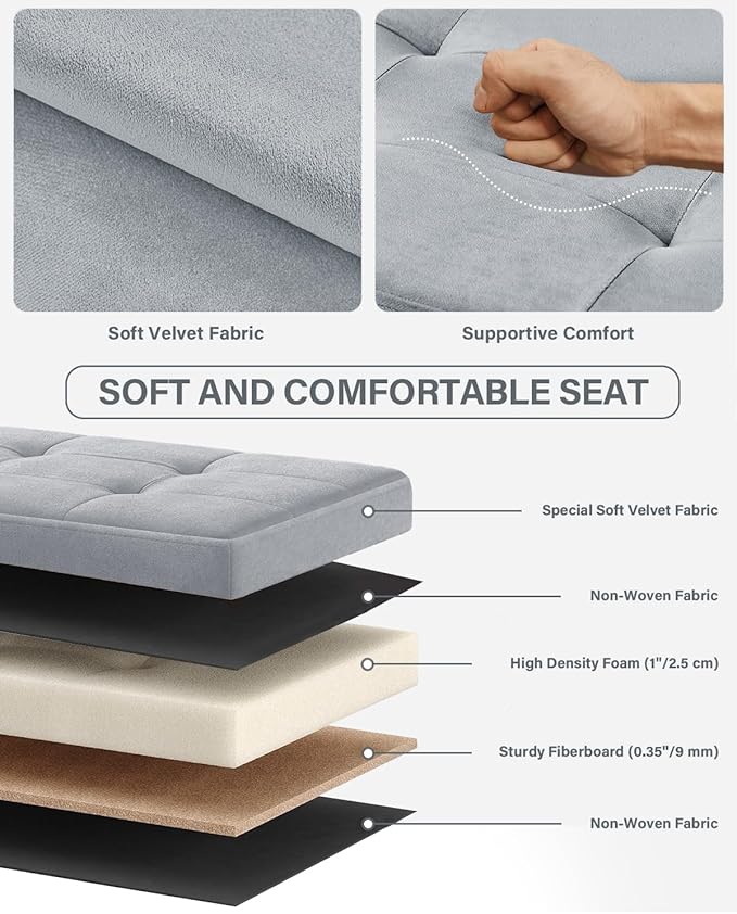 Folding Storage Ottoman, Velvet Storage Bench, Footrest, Removable Divider, for Living Room, Bedroom, 15 x 43 x 15 Inches, 660 lb Load Capacity, Dove Gray UASND02G