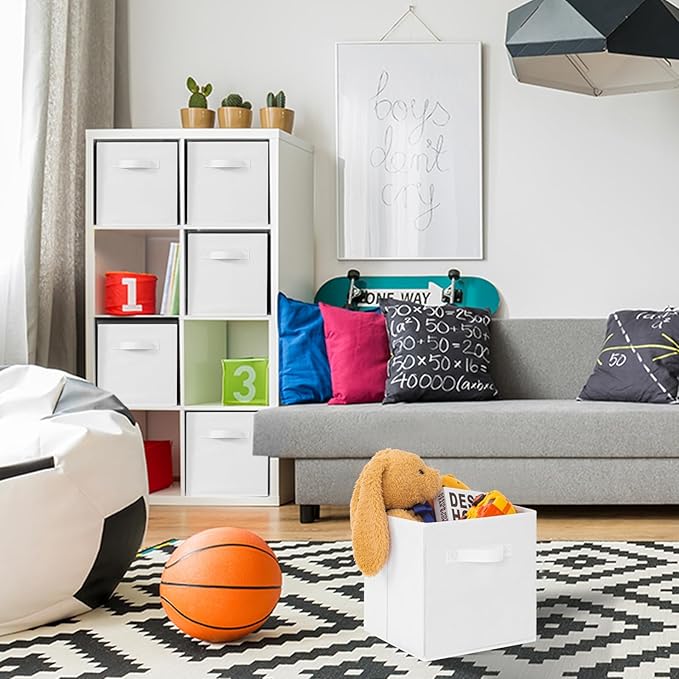 Stero 13x13x13 Inch Fabric Storage Bins 6 Pack Fun Colored Durable Storage Cubes with Handles Foldable Cube Baskets for Home, Kids Room, Closet and Toys Organization White